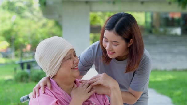 Asian Careful Caregiver Nurse Woman Cancer Sitting Wheelchair Garden Concept — Stock Video