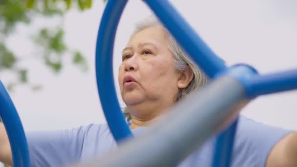 Femme Asiatique Senior Séance Entraînement Occasionnelle Dans Les Stations Exercice — Video