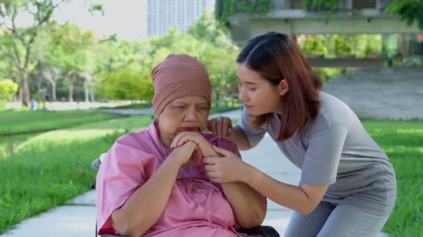 Cuidadora Asiática Cuidadosa Enfermera Mujer Con Cáncer Están Sentadas Una — Vídeos de Stock
