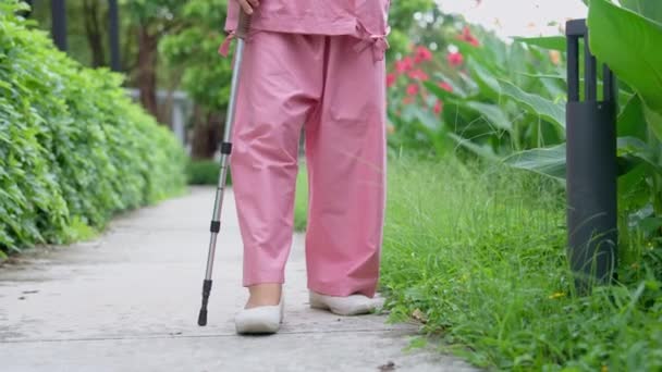 退休的老年亚洲老年妇女在康复后使用手杖 在医院室外公园散步 这种病已经痊愈 健康有力的医学概念 — 图库视频影像