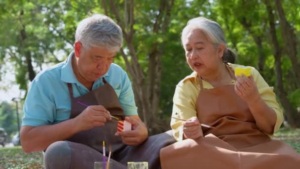 Skupina Asijských Seniorů Těší Malování Kaktusů Hrnce Rekreační Aktivity Nebo — Stock video