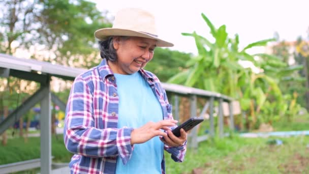 Alte Asiatische Bauern Verwenden Tablets Den Grad Der Solarzellen Anzupassen — Stockvideo