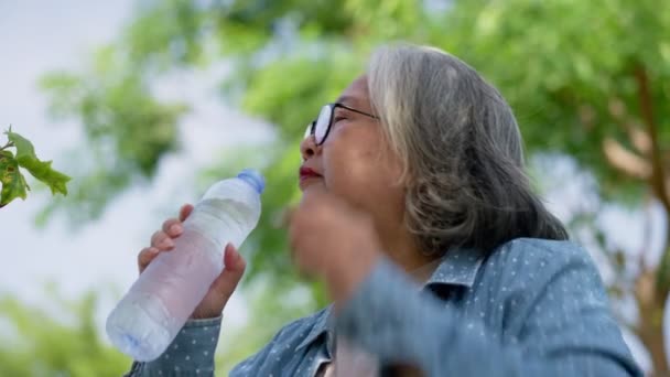 Азиатские Женщины Среднего Возраста Пьют Пресную Воду Бутылки Освежиться После — стоковое видео