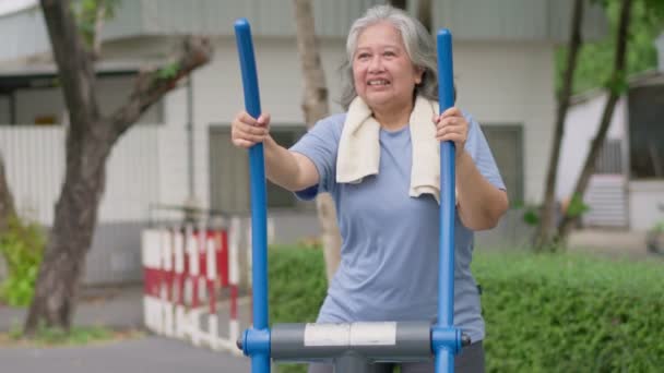 Senior Asijské Ženy Příležitostném Cvičení Posilovně Veřejném Parku Znázorňuje Udržení — Stock video