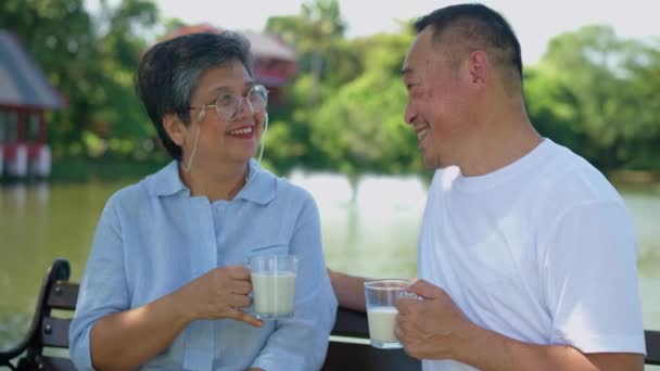 男と女が湖のベンチに座っている 男は牛乳を一杯持っていて 女はコーヒーを一杯持っている 彼らは笑顔で お互いの会社を楽しんでいるようです — ストック動画