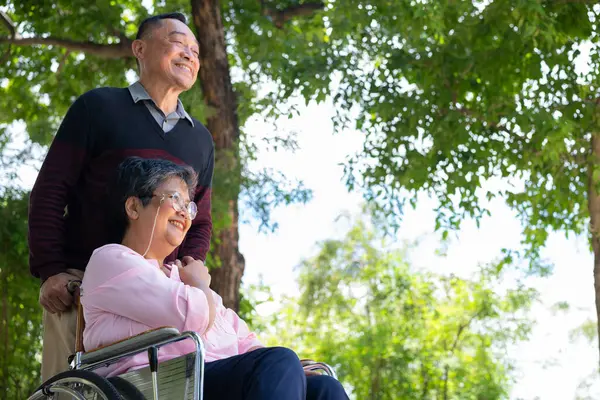 Elderly couples or caregivers take care of the patient in a wheelchair. Concept of a happy retirement with care from a caregiver and Savings and senior health insurance, a Happy Family