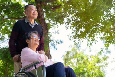 Yaşlı çiftler ya da bakıcılar tekerlekli sandalyedeki hastalarla ilgilenir. Bakıcının, birikimin ve sağlık sigortasının özenle mutlu bir emeklilik kavramı. Mutlu bir aile.