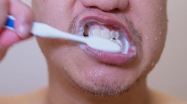 Asyalı adam dişlerini diş macunuyla fırçalar. Sabah ve akşam rutini. Kapatın. Köpük şeklinde yüksek kaliteli diş temizliği. Bakım ürünleri, tartar, diş hastalıklarının önlenmesi.