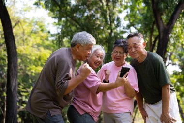 Bir grup mutlu kıdemli emeklinin akıllı telefon kullanması ve spor yaptıktan ve birlikte zaman geçirdikten sonra parkta kahkahalar atması, yaşlılarla, kıdemlilerle ve sağlık yaşlanmalarıyla ilgili kavramlar.