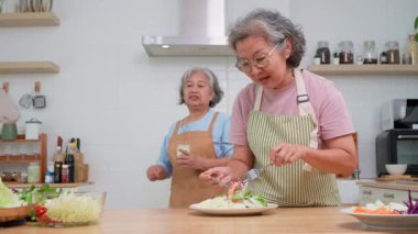 İki yaşlı kadın dostça bir yemek hazırlıyor, taze malzemelerle lezzetli bir yemek hazırlıyor ve birbirlerinin keyfini çıkarıyorlar, evlerinde keyifli bir aşçılık deneyimi yaşıyorlar.