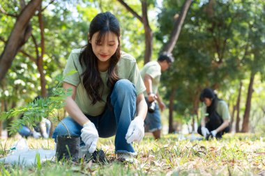 Gönüllüler, ağaç dikmek ve bitkilerle ilgilenmek için işbirliği yaparken sorumluluk ve takım çalışması gösteriyorlar. Çabaları sürdürülebilirliği ve korunmayı destekliyor, Dünya 'nın gelişmesine yardımcı oluyor. Gönüllü kavramı