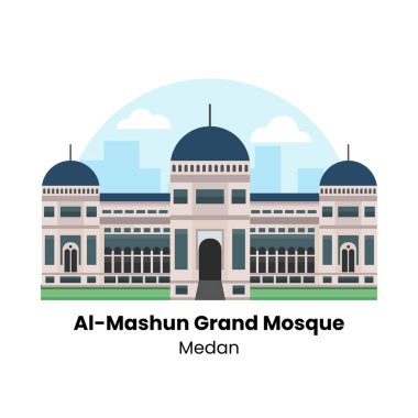 A minimalist vector illustration of Al-Mashun Grand Mosque located in Medan,Indonesia. The mosque features elegant domes and intricate architecturaldetails against a serene backdrop. clipart