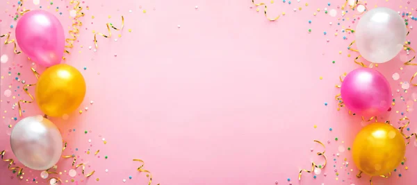 Fond Fête Avec Ballons Colorés Banderoles Confettis — Photo