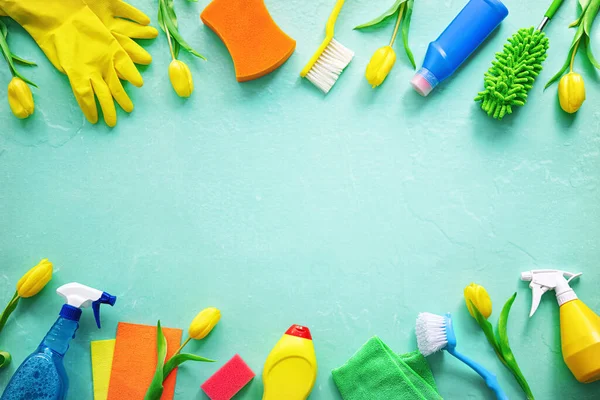 Flat Lay Composition Cleaning Supplies Tools Spring Flowers Colorful Background Royalty Free Stock Photos
