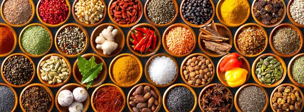 Colourful Background Various Herbs Spices Cooking Bowls Top View Stock Image