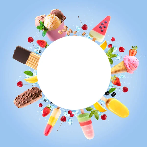 Különböző Finom Fagylaltok Gyűjteménye Lolly Jég Kúp Különböző Öntet Gyümölcs — Stock Fotó