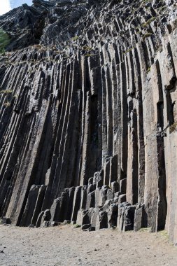 Portekiz 'in Porto Santo Adası Pico Ana Ferreira' da parlak sonbahar ışığında çekilen kolon birleşik bazalt oluşumundaki uzun sütunların ayrıntıları.