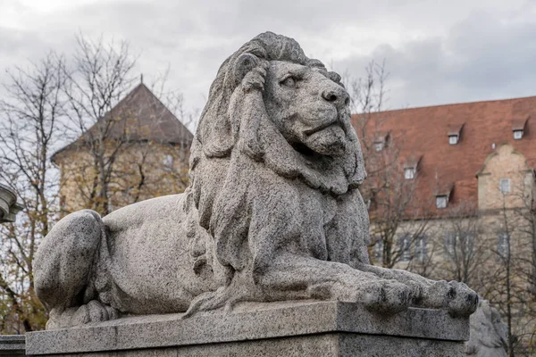 Paysage Urbain Avec Énorme Lion Granit Sur Place Karlsplatz Tourné — Photo