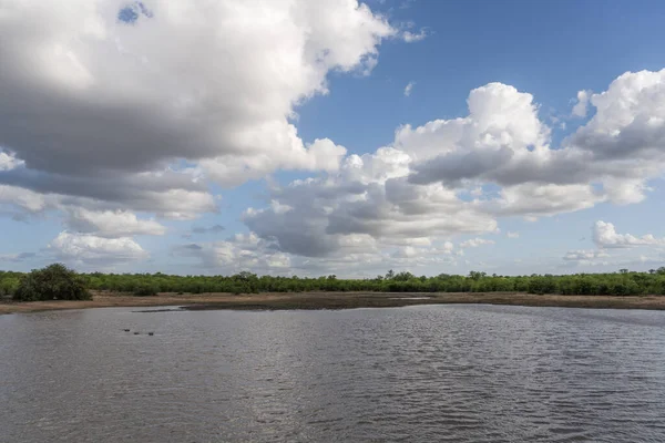 Paisagem Com Nuvens Cênicas Sobre Lago Com Hippopopotamus Verde Campo — Fotografia de Stock