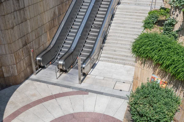 Aerial Cityscape Steel Escalator Stone Stairs Underpass City Center Shot Stock Image