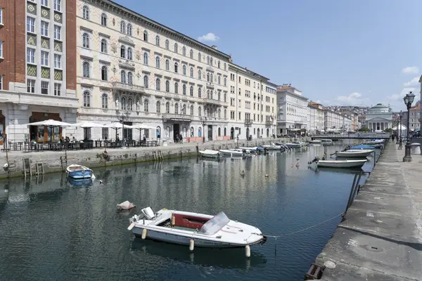 Trieste Italy May 2023 Cityscape Leisure Boats Moored Canal Grande — Stock Photo, Image