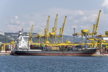 TRIESTE, ITALY - 29 Mayıs 2023: Kargo gemisi ve rıhtımdaki büyük vinçlerle şehir manzarası, 29 Mayıs 2023 'te Trieste, Friuli, İtalya' da parlak ışıkta çekilmiştir.
