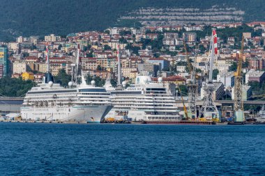 TRIESTE, ITALY - 29 Mayıs 2023: Rıhtımda deniz kruvazörleriyle şehir manzarası, 29 Mayıs 2023 tarihinde Trieste, Friuli, İtalya