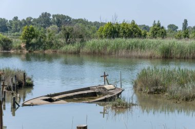  Cona adası koruma alanı, Staranzano, Gorizia, Friuli, İtalya yakınlarındaki Quaranta Kanalı 'nda batık bir tekne.