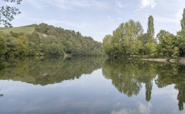 Meunster yakınlarındaki yeşil bankalar arasında Neckar Nehri 'nin büküldüğü manzara. Stuttgart, Baden Wuttenberg, Almanya 'da parlak yaz ışığında çekildi.
