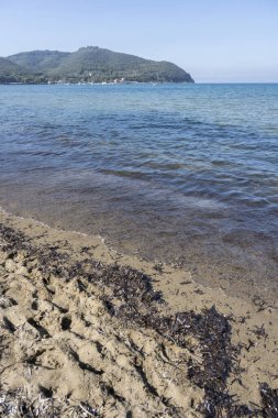 Akdeniz Körfezi kıyısında kumlu bir sahil, Baratti, Toskana, İtalya 'da parlak bir sonbahar ışığı altında çekildi.