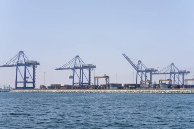 WALVIS BAY, 2023 Kasım 08: Yeni rıhtımdaki büyük vinçler, 08.2023 Walvis Körfezi, Namibya, Afrika 'daki parlak bahar ışığı altında çekildi.