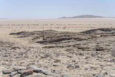 Naukluft çölündeki bazalt kaya katmanlı manzara, Kriess se rus, Namibya, Afrika yakınlarındaki parlak bahar ışığı altında çekilmiştir.