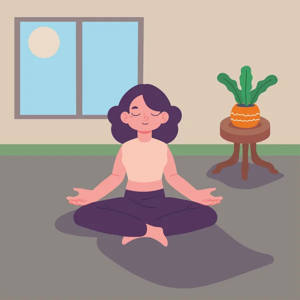 Mujer Practicando Yoga Casa — Vector de stock