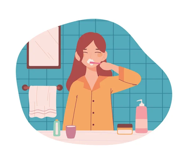 stock vector woman brushing teeth, bed routine