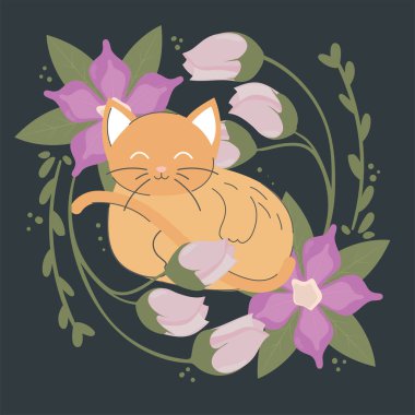 Çiçek karikatüründe dinlenen kedi