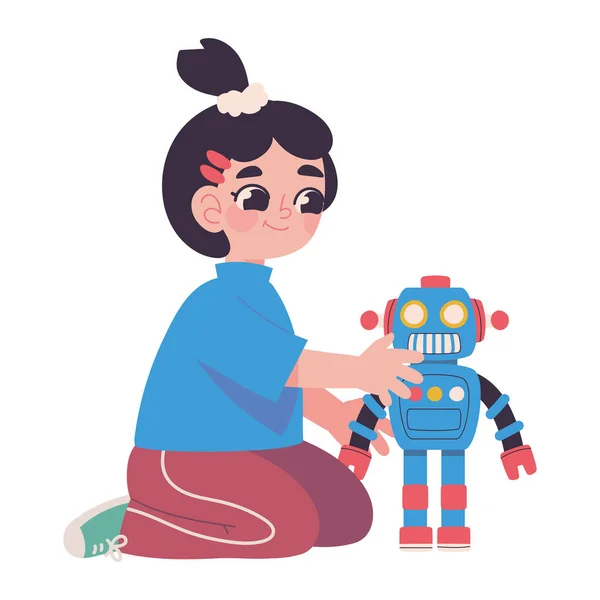 Menina Brincando Com Ícone Robô Isolado —  Vetores de Stock