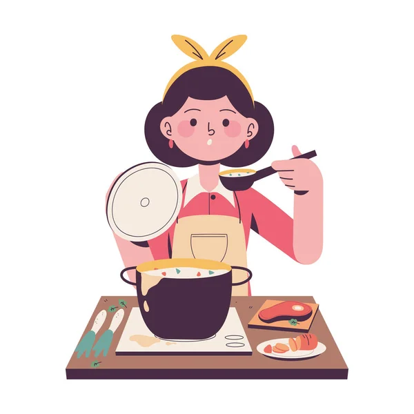 Woman Cooking Soup Icon Isolated — Stock Vector