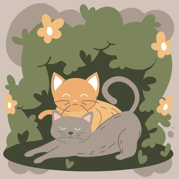 Αναπαύοντας Γάτες Γρασίδι Και Λουλούδια — Διανυσματικό Αρχείο