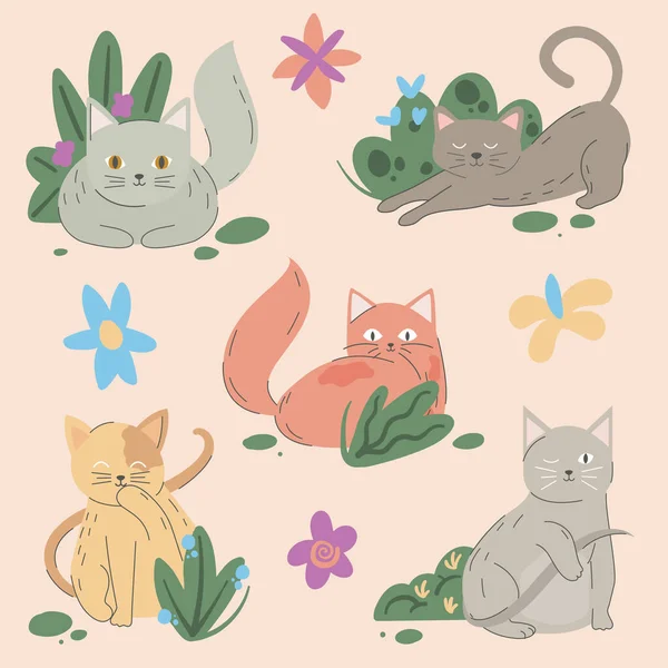 Set Cute Cats Flowers — Stock Vector