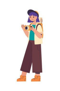 Kamera ve çuval ikonlu gezgin kadın.