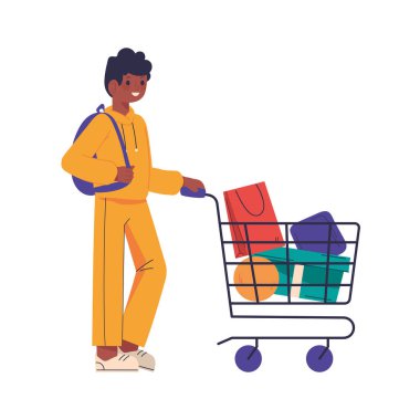 Afro adam ve çanta ikonlu alışveriş arabası.