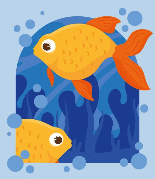 Yellow Fishes Bubbles Vector Design — Vettoriale Stock