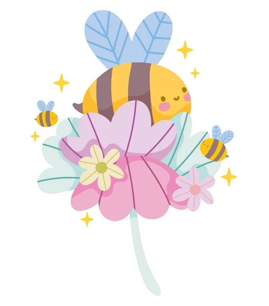 Χαριτωμένο Μέλισσες Και Λουλούδια Άνοιξη Χαρακτήρα Απομονωμένη Εικόνα — Διανυσματικό Αρχείο