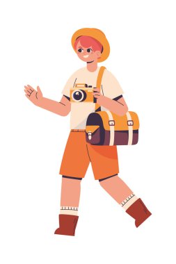 Çantalı ve kameralı turist izole tasarımı