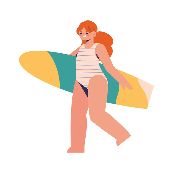 Chica Con Icono Tabla Surf Aislado — Vector de stock