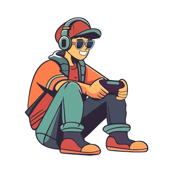 Boy Playing Video Game Headphones Icon Isolated — Stock Vector