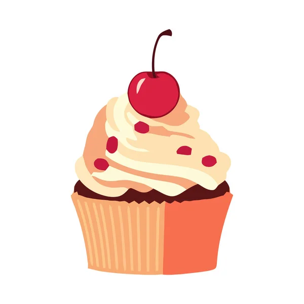 キャンディーの装飾アイコンが孤立した楽しい漫画のカップケーキ — ストックベクタ