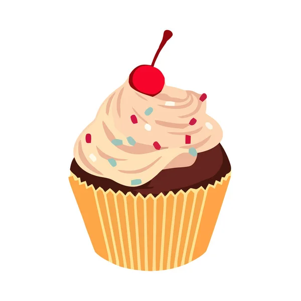 Lindo Cupcake Ilustración Con Cereza Crema Icono Aislado — Vector de stock