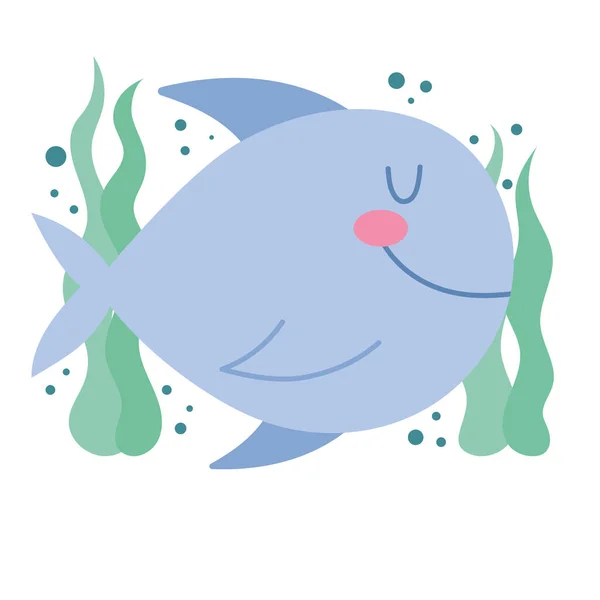 Roztomilé Kreslené Ryby Podmořském Útesu Ikona Izolované — Stockový vektor