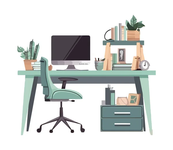 Office Desk Computer Chair Plants Icon Isolated — Stock Vector